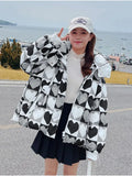 2022 Korean Fashion Jacket Women Winter Short Parkas Print Hooded Thicken Warm Female Snow Wear Coat Padded Loose