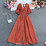 dot holiday casual wide leg jumpsuits V Neck Puff Sleeve Waist Elastic Rompers loose beach long