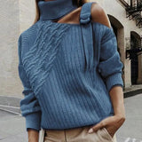 Off Shoulder Knitted Sweater Adjustable Buckle Twist Decor Long Sleeve One Turtleneck Pullover Sweater Female