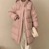 Korean Large Pocket Long Down Jacket Female 2024 Winter Fashion Thick Hooded Over The Knee Sweet White Duck Down Coat-Outfit