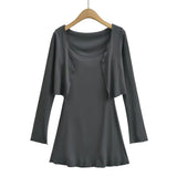 Trend Women's Fungus Edge Cardigan Short Style Long-Sleeved Coat Suspender Body-Stylish Dress Two-Piece Suit-Outfit