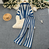 Women's Summer V-Neck Loose Knitted Cardigan Top + Broad Leg Trousers Set With Striped Hollow
