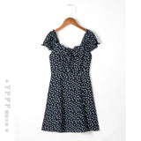 Trendy Women's Dress French Retro Sexy Skirt With Shoulders And Waist Showing Thinness, Tibetan Blue And Broken Flowers-Outfit