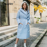 Simplee Casual light blue autumn winter women long parkas Warm hooded long sleeve female jacket High street Down Jackets
