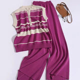 Suit Women's Korean Version Of Sleeveless Collars With Striped Knitted Shirt Tops Two Sets Of Leisure High-Rise Broad