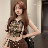Plaid Camis Women Summer Sexy Slim Irregular Casual Halter Neck Tops Fashion Female Korean Chic Lace Up Lapel Crop Tank-Outfit