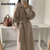 Autumn Winter Women Solid Color Long Wool Coat With Belt Female Elegant Office Long Sleeve Outerwear With Pockets