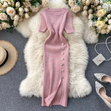 Solid Korean Vintage High Waist Women Dress Bodycon Sexy Stretch Knitted 2022 Summer Dresses Chic
