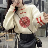 Spring And Autumn New Korean Version Of Vintage Disc Buckle Semi-Zipper Sweater Fashionable Chinese Style Pullover Girl-Outfit