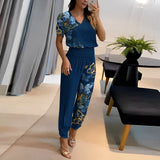 Trousers Suits 2023 New Women's Fashion Casual V-neck Printed Short Sleeve Tops And Pants Two Piece Set Woman