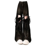 Mm Dopamine Wearing Gradient Love Straps With Ripped Jeans Women's Large Size Loose Thin Broad Leg