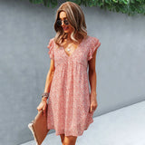 V Neck Floral Print Short Dress Sexy Yellow Women Summer Dress with Lining Lady Ruffle Sleeve Casual Loose Outfit
