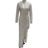Dress Dress Tuxeds Slices Waist Deep V Long Sleeve Side Fork Sexy Asymmetric Dress