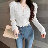 Fashion Shirts Women Puff Loong Sleeve V Neck Autumn Winter Slim Lace Patchwork Crop Tops Female Sexy Elegant Blouse-Outfit