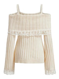 Women Off Shoulder Sweaters Long Sleeve Lace Patchwork Knitted Ribbed Pullovers Front Bow Jumpers Top Streetwear 2023-Outfit