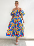 Summer New Bubble Sleeve Holiday Show Skinny Dress Babes High-Waisted Shoulder-Print Dress Dress