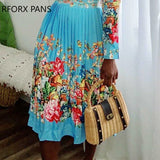 Women Chic Casual Long Sleeves All over Print Pleated Midi Sexy Dress-Outfit
