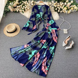 Vacation Beach Two Piece Set Women Sexy V-Neck Bandage Short Tops + High Waist Split Wide Leg Pant Suit Spring
