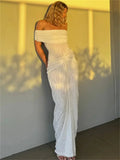 Knit Off-Shoulder Pleated Wrap Maxi Dress-Outfit