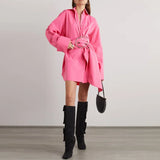 Toloer Casual Pink Shirt 2024 Spring New Design Sense Big Waist Buckle Decoration In The Long Versatile Shirt Woman-Outfit
