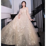 Dress Women 2025 New Champagne Long-Sleeved Banquet Temperament Simple Thin Host Art Exam