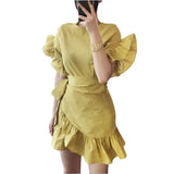 Ruffles Dress For Women Petal Sleeve High Waist Lace up Irregular Mini Dresses Female Fashion Korean Clothing