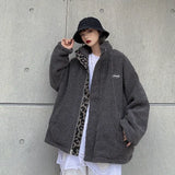 Deeptown Leopard Print Women Fleece Jackets Motorcycle Jacket Faux Lamb Fur Kawaii Coat Harajuku Hip Hop Zip Up Thick