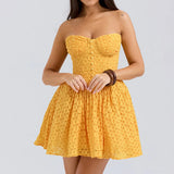 Yellow Strap Jacquard Lace Mini Dress-Outfit