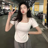 Toloer 2024 New Pure Desire Wind Big U-Collar Hot Girl Top Show Slim Slim Irregular Short-Sleeved T-Shirt Female