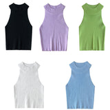Women Ribbed Halter Tank Crop Tops Summer Spring 2023 Base T-shirt Harajuku Adults Sleeveless Solid Color Round Neck Knit Tops-Outfit