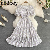 Sexy Square Collar Short Sleeve Women Midi Dress Beach Vacation Party Robe Female Elegant High Waist
