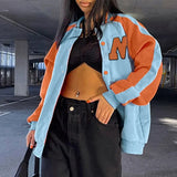 2022 Autumn Women Oversize Contrast Color Letter Printed Uniform Baseball Jacket Couple Harajuku Streetwear Single Breasted