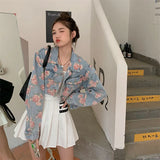Elegant Rose Printed Women Denim Jackets Long Sleeve Outwear Autumn 2023 Crop Tops Korean Loose Streetwear Coats Chic-Outfit