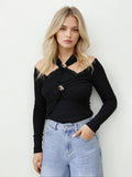 Toloer Temperamental Socialite Bottom Shirt 2024 Autumn New Shoulder Hollow Kink Design Slim Short Jacket Female-Outfit