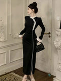 Dresses Women Stand Collar Lace Patchwork Split Long Sleeve Slim Vintage Elegant Dress Slim Elegant Dress Ladies-Outfit