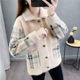 Mink Cashmere Plaid Sweater Cardigan Women Korean Fashion Single Breasted Knitted Coat Autumn Vintage Short Sweater