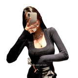 Low-Chested European Version Of The Ins Square Lead Long-Sleeved Knitted Shirt Women Autumn New Oceanic Set-Up