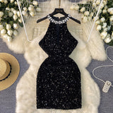 Luxury Thousand Gold Wind High-End Hanging Neck Dress Women's Summer Glide Diamond Design Niche Temperament Ass And Hip
