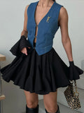 Wooden Ear Short Skirt 2024 Summer New Y2K Street Trend Splicing Mini Pleated Skirt-Outfit