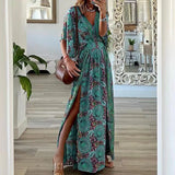 Toloer 2023 New Fashion V-Neck Short-Sleeved Loose Bohemian Side Slit Dress Print Dress-Outfit