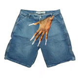 New Hip-Hop Funny One-Hand Pattern Printed Denim Shorts Men's High Street Fashion And Leisure-Outfit