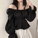 Solid Color Elastic Square Collar Puff Sleeve Blouse-Outfit