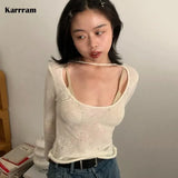Y2k Heart Embroidery Tops Vintage Hollow Out Knit T-shirt Full Sleeve Harajuku Sexy Slim Tee Shirt See Through