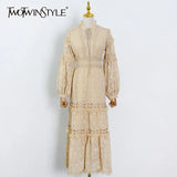 Vintage Cut Out Women's Dresses Stand Collar Long Sleeve High Waist Solid Maxi Dress Female 2021 Summer New