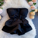 Autumn Sexy Black/White Strapless Tops Women Elegant Two Layer Ruffle Short Tank Shirts Female Slim Camis New