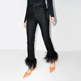 Toloer Luxury Wind Ostrich Hair Splicing Straight Pants 2024 Spring Style High Waist Foreign Style Versatile Show Thin Casual Jeans Tide-Outfit