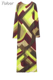 MODA 2023 Sexy Women Fashion Printed Backless Midi Dress Ladies Vintage O Neck Long Sleeve Female Chic Dresses Vestidos