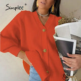 Simplee Casual v-neck knitted cardigan women Autumn winter lantern sleeve button female cardigan Fashion ladies oversize