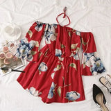 Women Halter Floral Playsuits Holiday flower overalls bohemian off shoulder beach jumpsuits wide leg chiffon