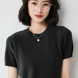 Toloer Female Round Collar Loose T-Shirt Inside Build Sweater Spring Autumn Base Outside Wear Short Sleeve Hair-Outfit